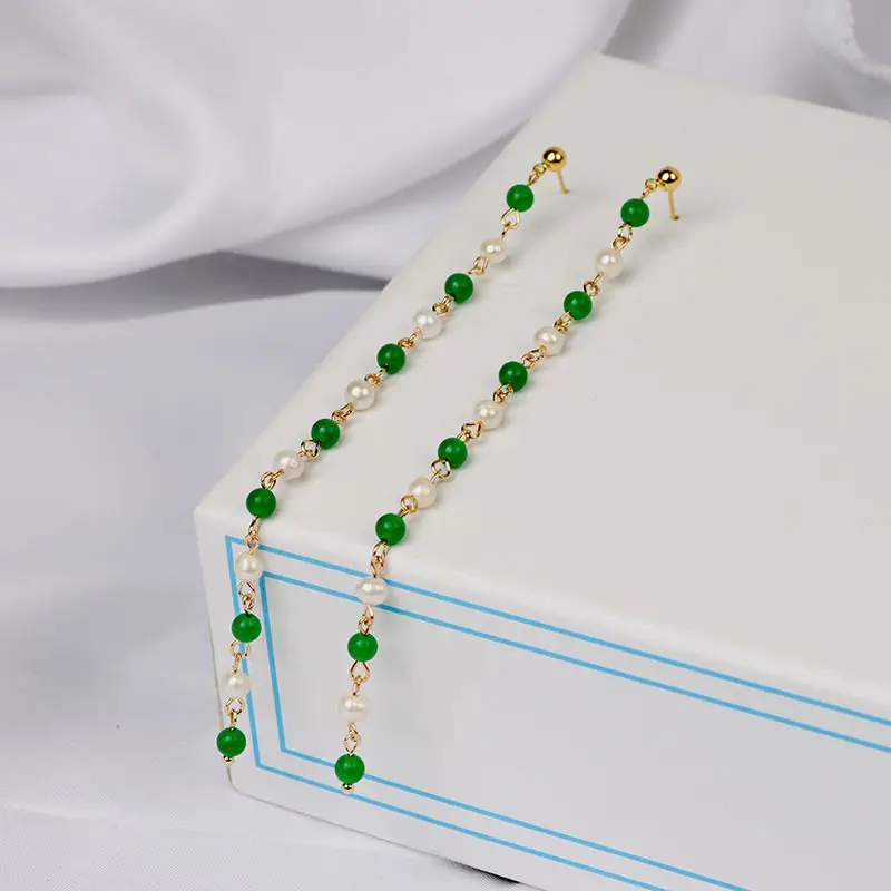 Green Freshwater Pearls Ear Wire with White Jade Tassels - Image 12