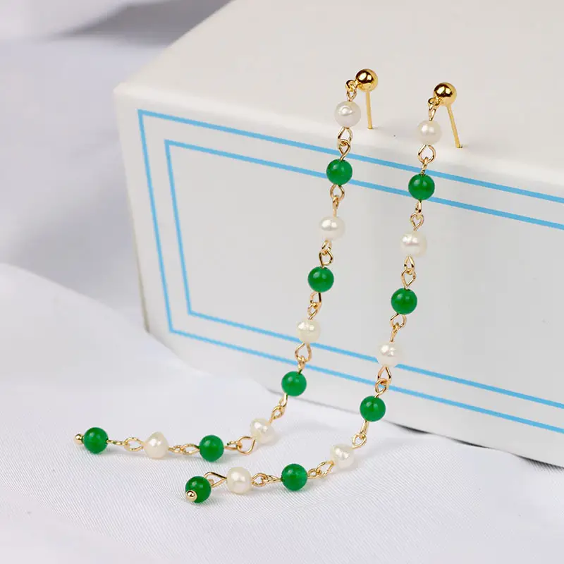 Green Freshwater Pearls Ear Wire with White Jade Tassels — feature 10