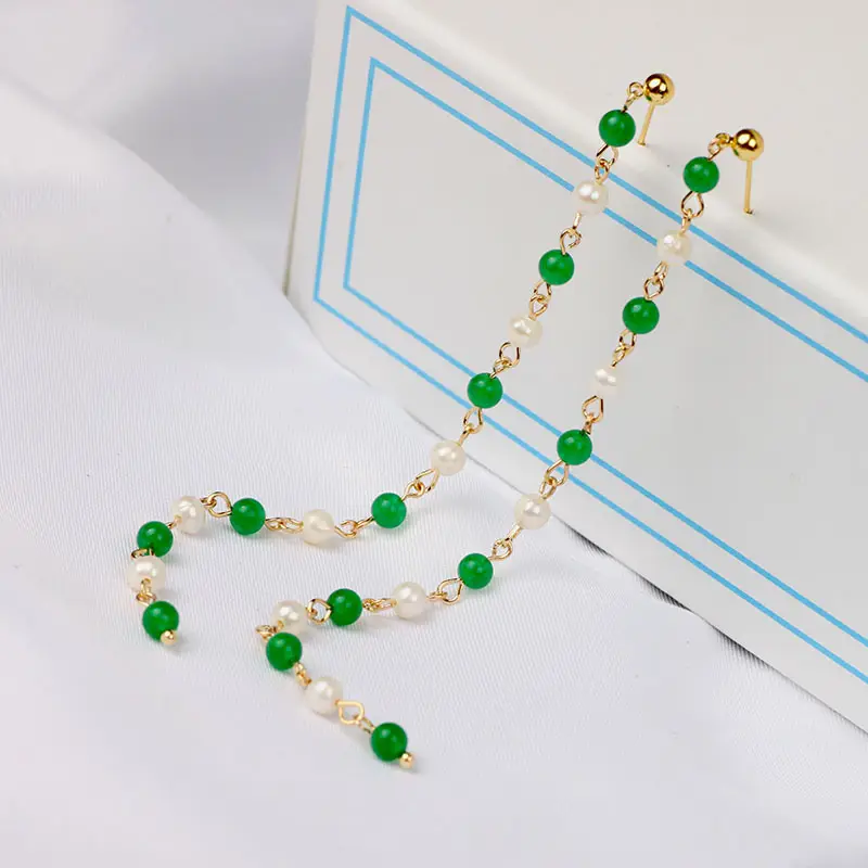 Green Freshwater Pearls Ear Wire with White Jade Tassels — feature 11