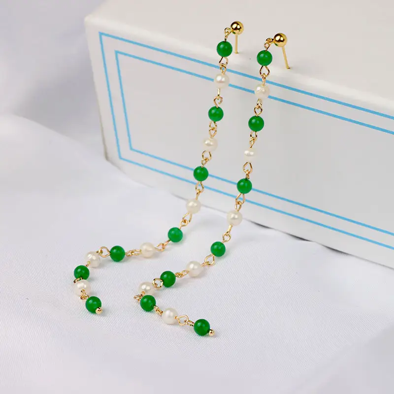 Green Freshwater Pearls Ear Wire with White Jade Tassels — feature 12