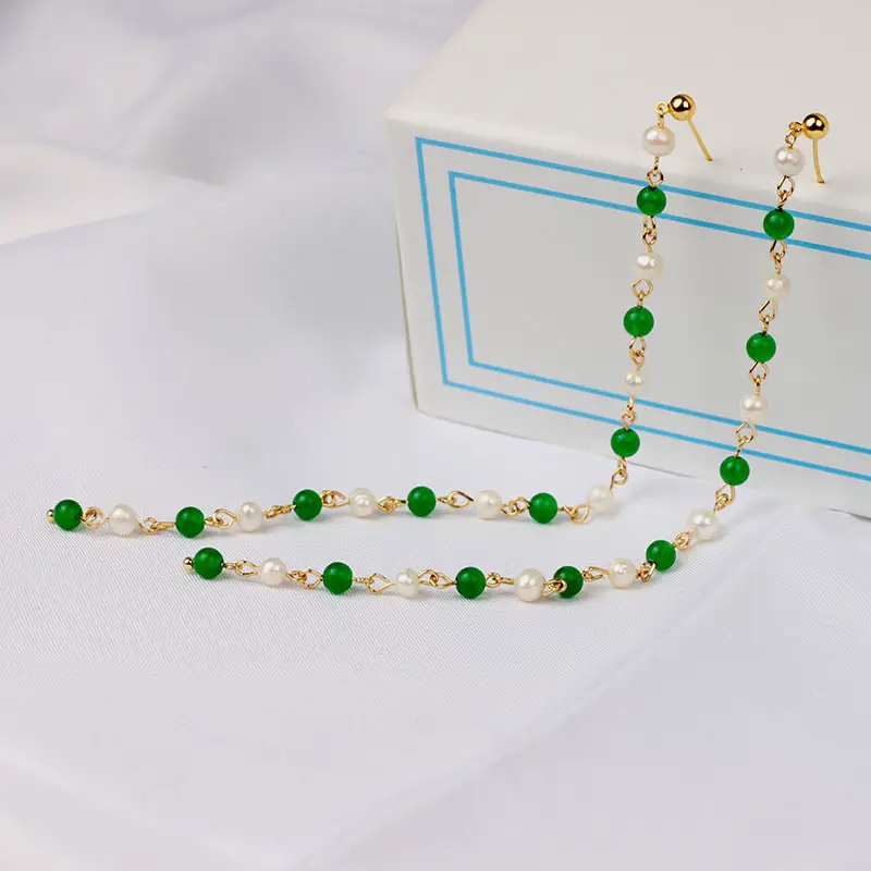 Green Freshwater Pearls Ear Wire with White Jade Tassels — feature 13
