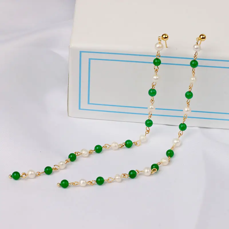 Green Freshwater Pearls Ear Wire with White Jade Tassels — feature 14
