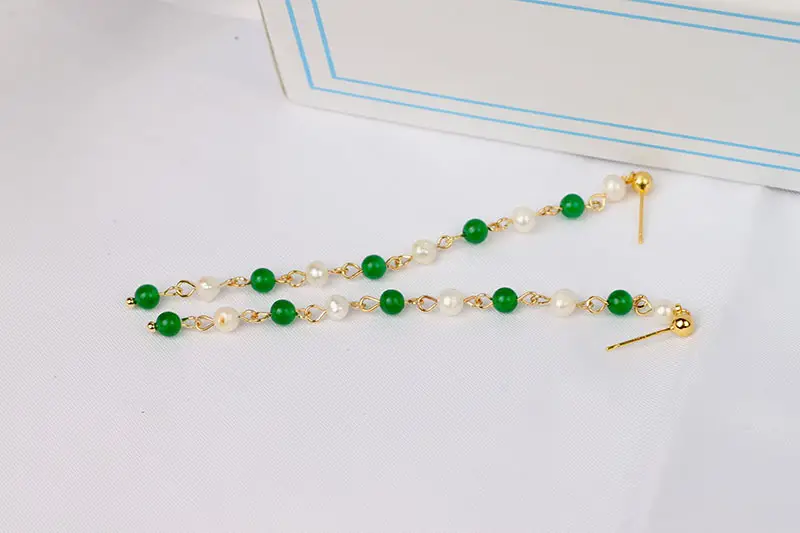 Green Freshwater Pearls Ear Wire with White Jade Tassels — feature 15