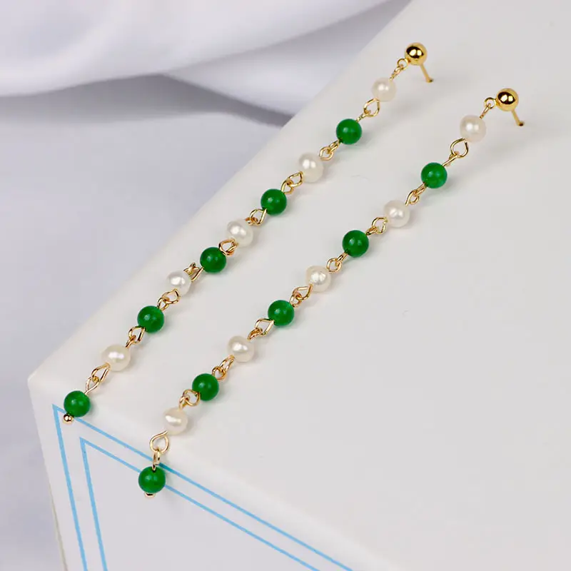 Green Freshwater Pearls Ear Wire with White Jade Tassels — feature 16