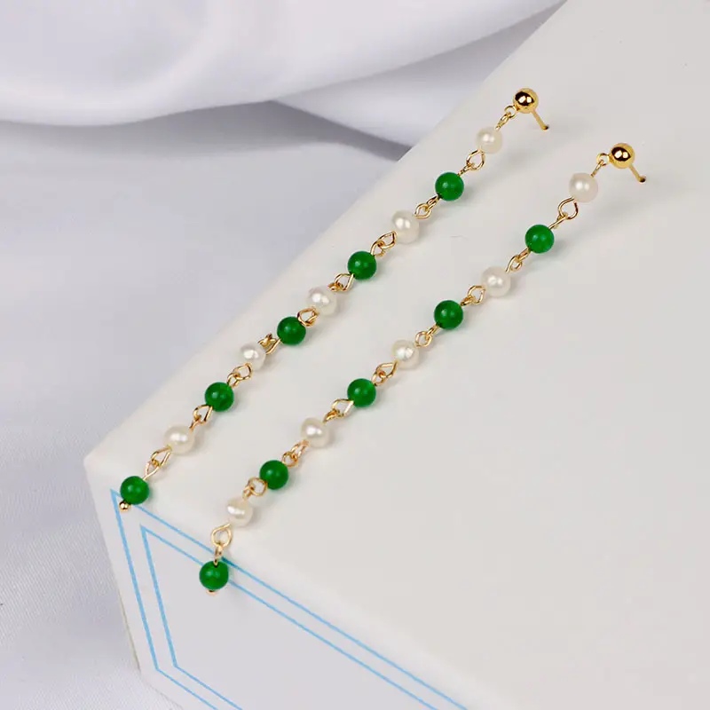 Green Freshwater Pearls Ear Wire with White Jade Tassels — feature 17