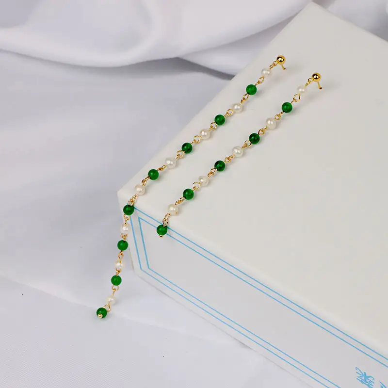 Green Freshwater Pearls Ear Wire with White Jade Tassels — feature 18