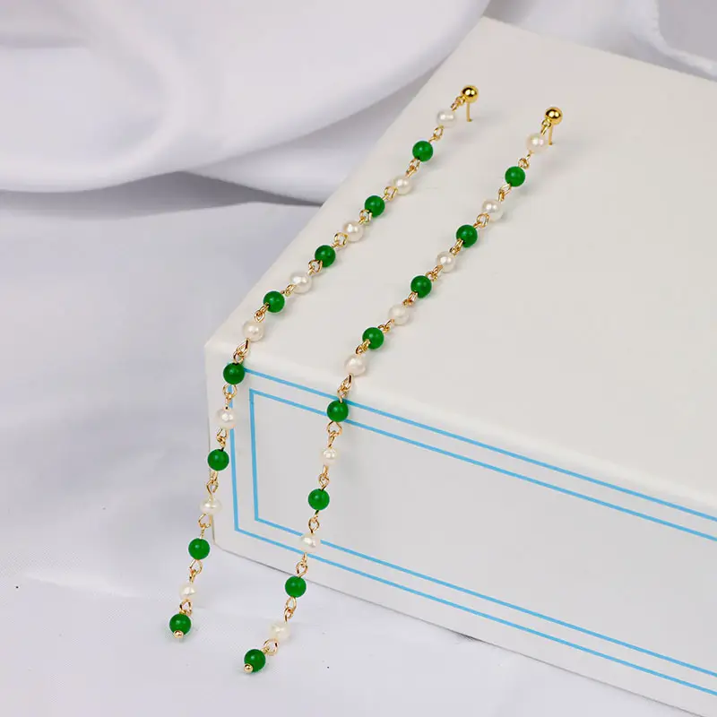 Green Freshwater Pearls Ear Wire with White Jade Tassels — feature 20
