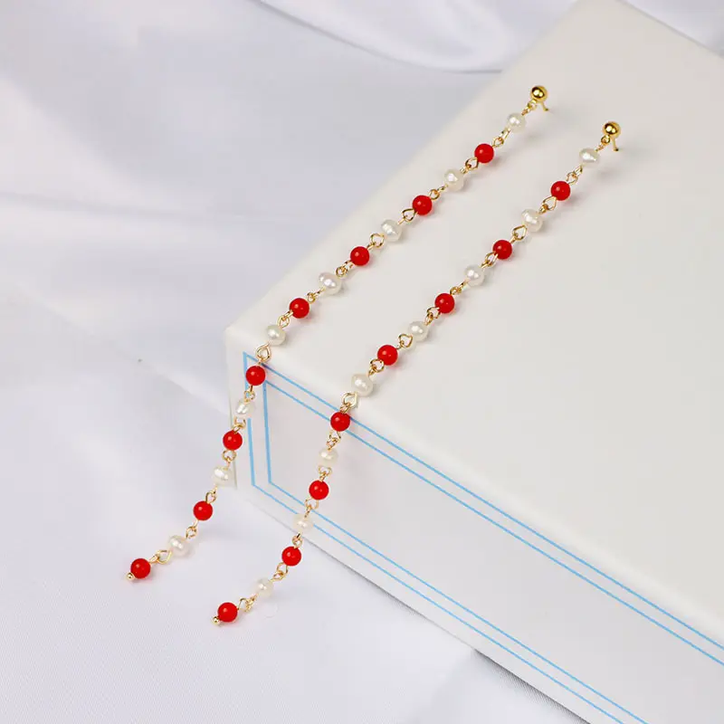 Green Freshwater Pearls Ear Wire with White Jade Tassels — feature 6