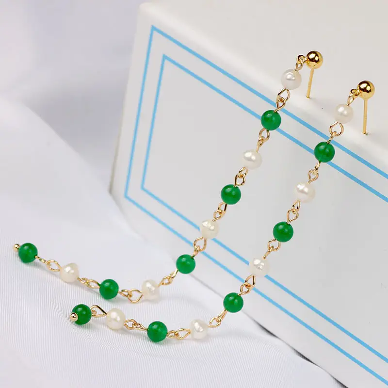 Green Freshwater Pearls Ear Wire with White Jade Tassels — feature 9
