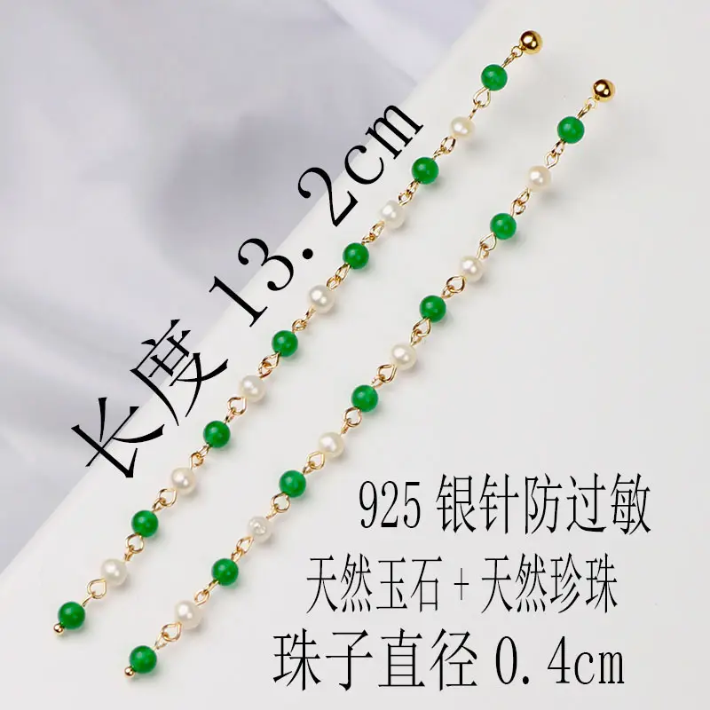 Green Freshwater Pearls Ear Wire with White Jade Tassels - Image 2