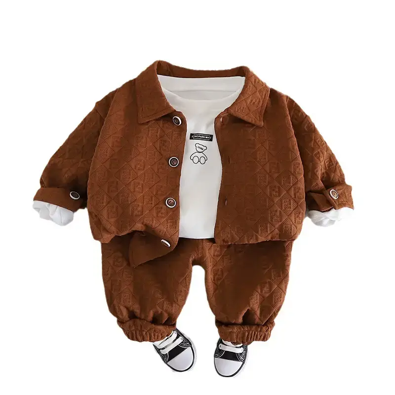 Brown Cotton Boys Jacket Set for Kids Autumn Wear