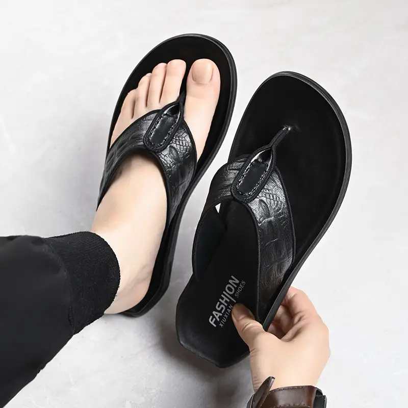 Men's Black Genuine Leather Flip Flops Vietnam Beach
