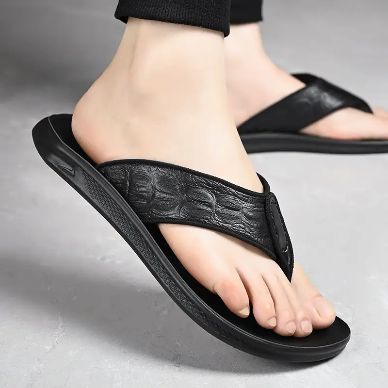 Men's Black Genuine Leather Flip Flops Vietnam Beach