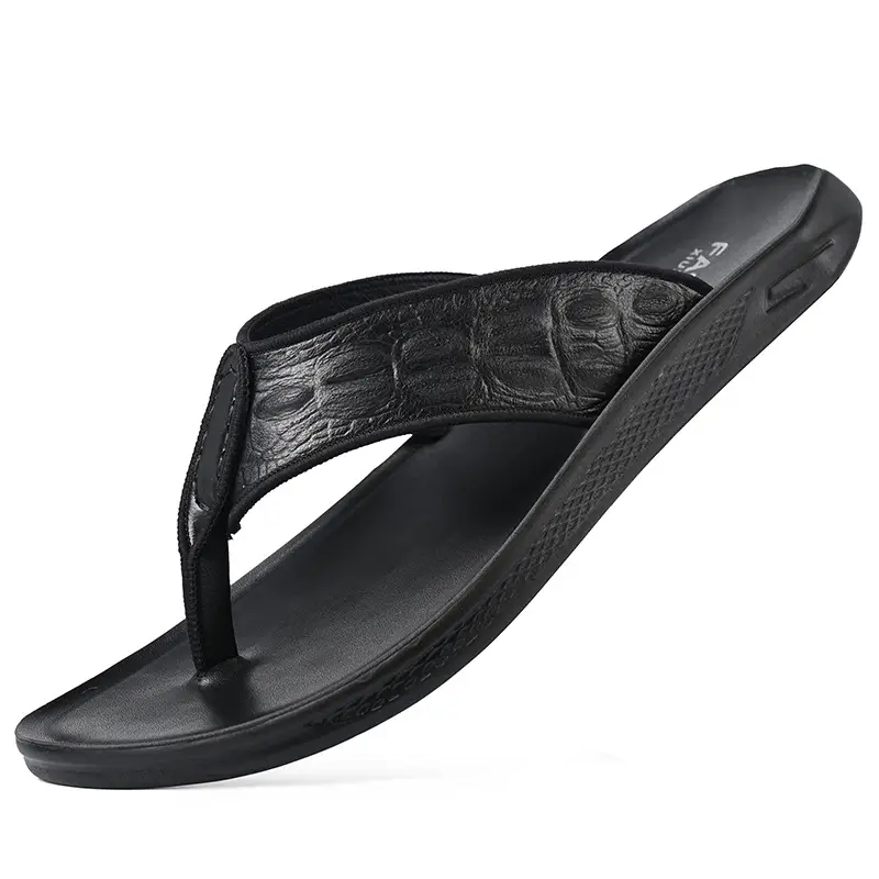 Men's Black Genuine Leather Flip Flops Vietnam Beach