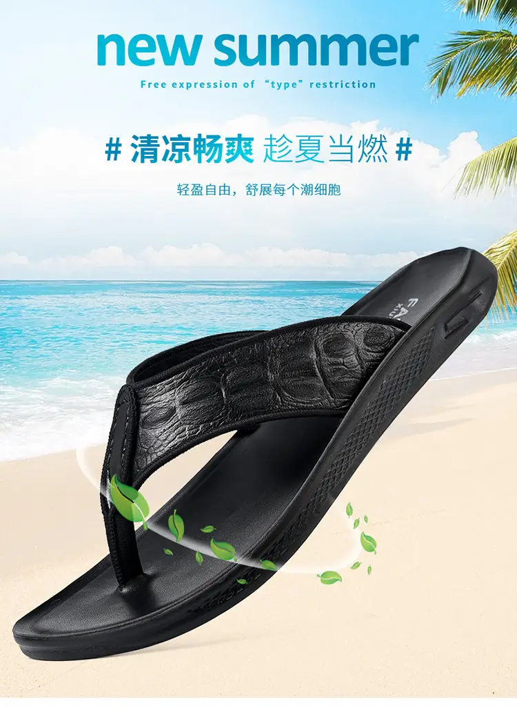 Men's Black Genuine Leather Flip Flops Vietnam Beach — feature 1