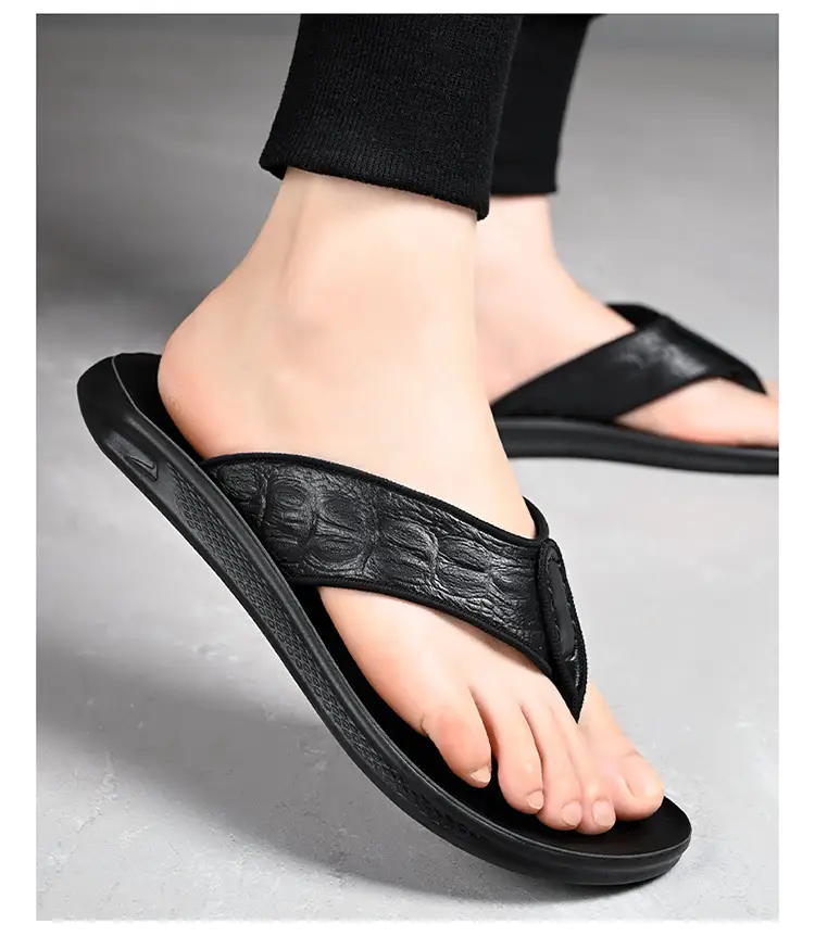 Men's Black Genuine Leather Flip Flops Vietnam Beach — feature 10