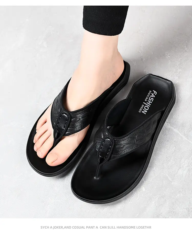 Men's Black Genuine Leather Flip Flops Vietnam Beach — feature 11