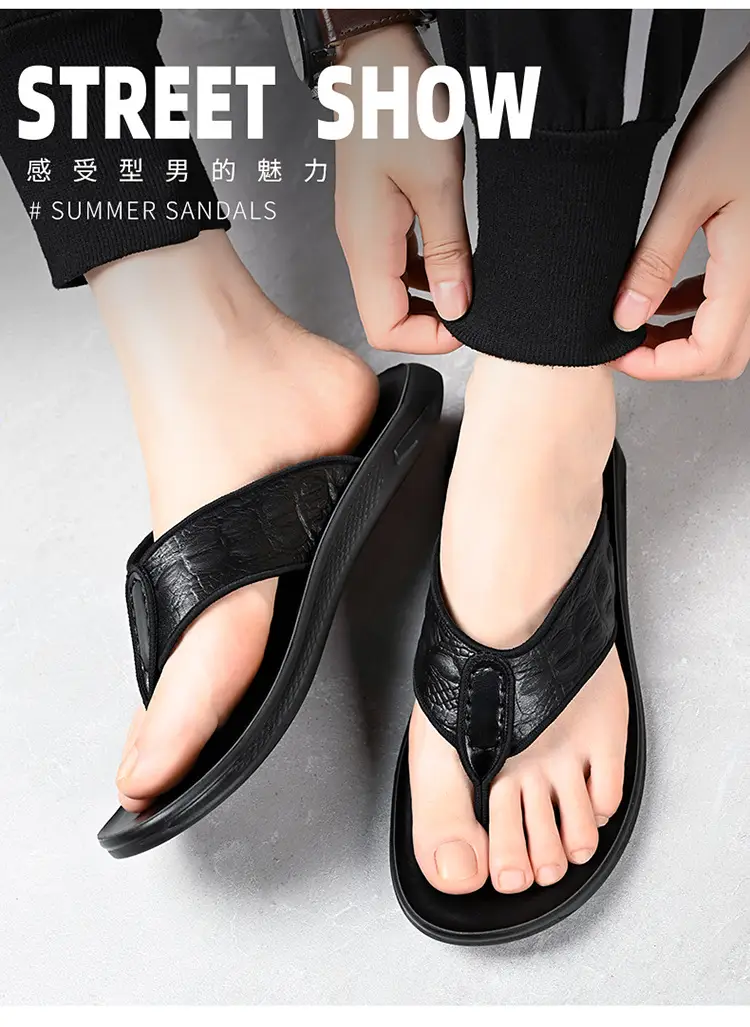 Men's Black Genuine Leather Flip Flops Vietnam Beach — feature 12