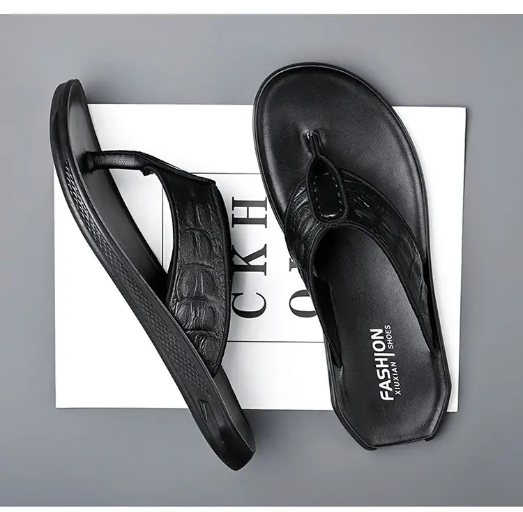 Men's Black Genuine Leather Flip Flops Vietnam Beach — feature 14