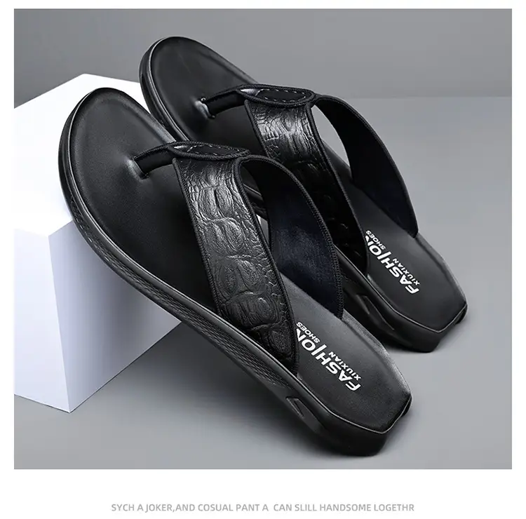 Men's Black Genuine Leather Flip Flops Vietnam Beach — feature 15