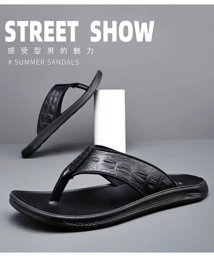 Men's Black Genuine Leather Flip Flops Vietnam Beach — feature 16