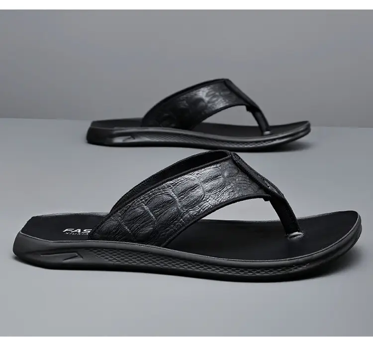 Men's Black Genuine Leather Flip Flops Vietnam Beach — feature 17