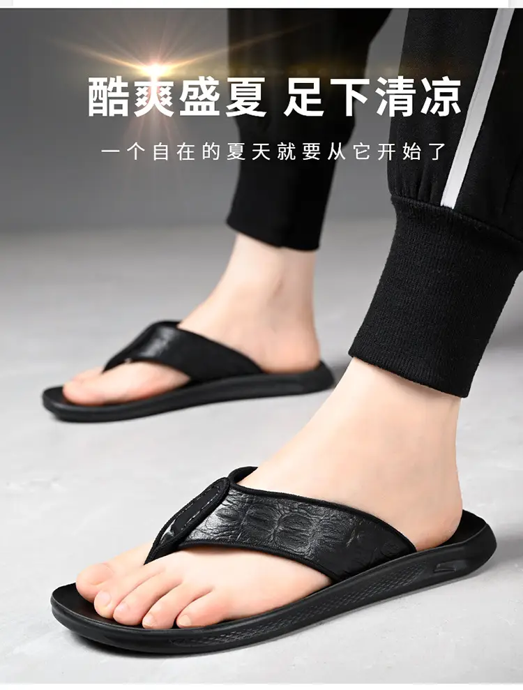 Men's Black Genuine Leather Flip Flops Vietnam Beach — feature 4
