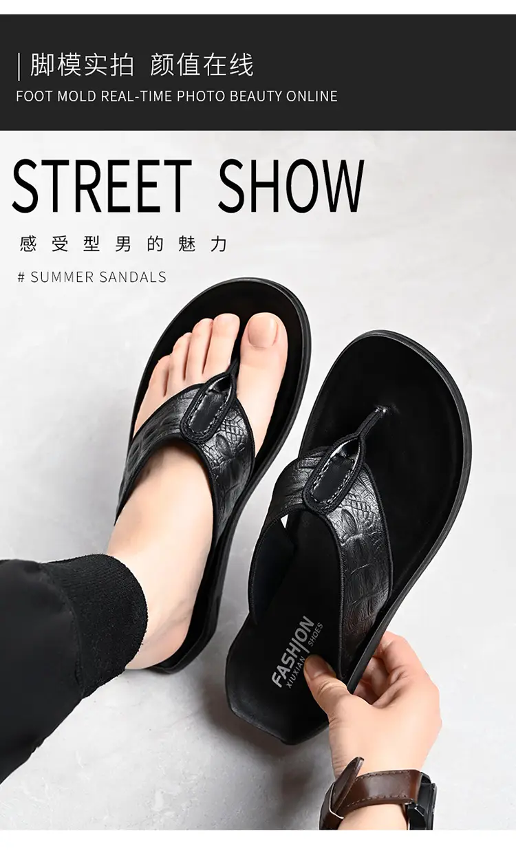 Men's Black Genuine Leather Flip Flops Vietnam Beach — feature 8