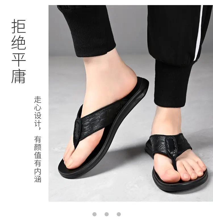 Men's Black Genuine Leather Flip Flops Vietnam Beach — feature 9
