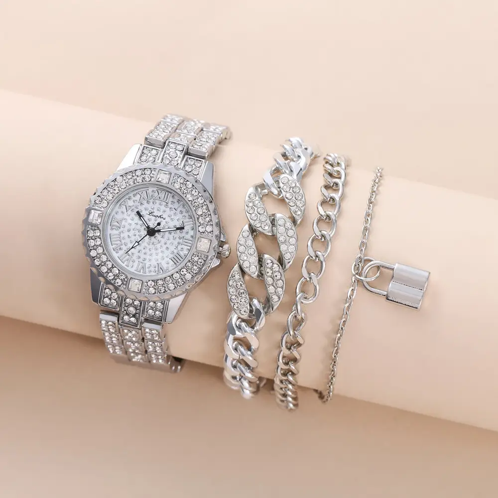 Gold Full Diamond Women's Quartz Watch & Bracelet Set - Image 4
