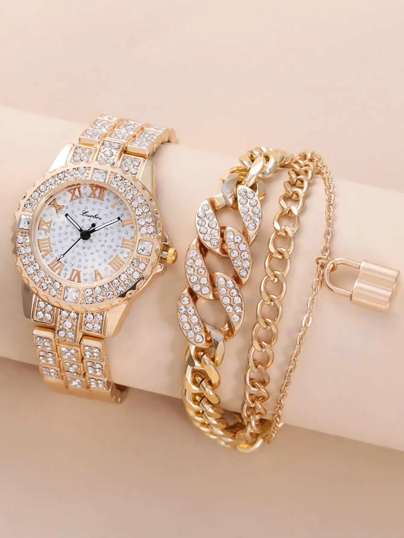 Gold Full Diamond Women's Quartz Watch & Bracelet Set — feature 1