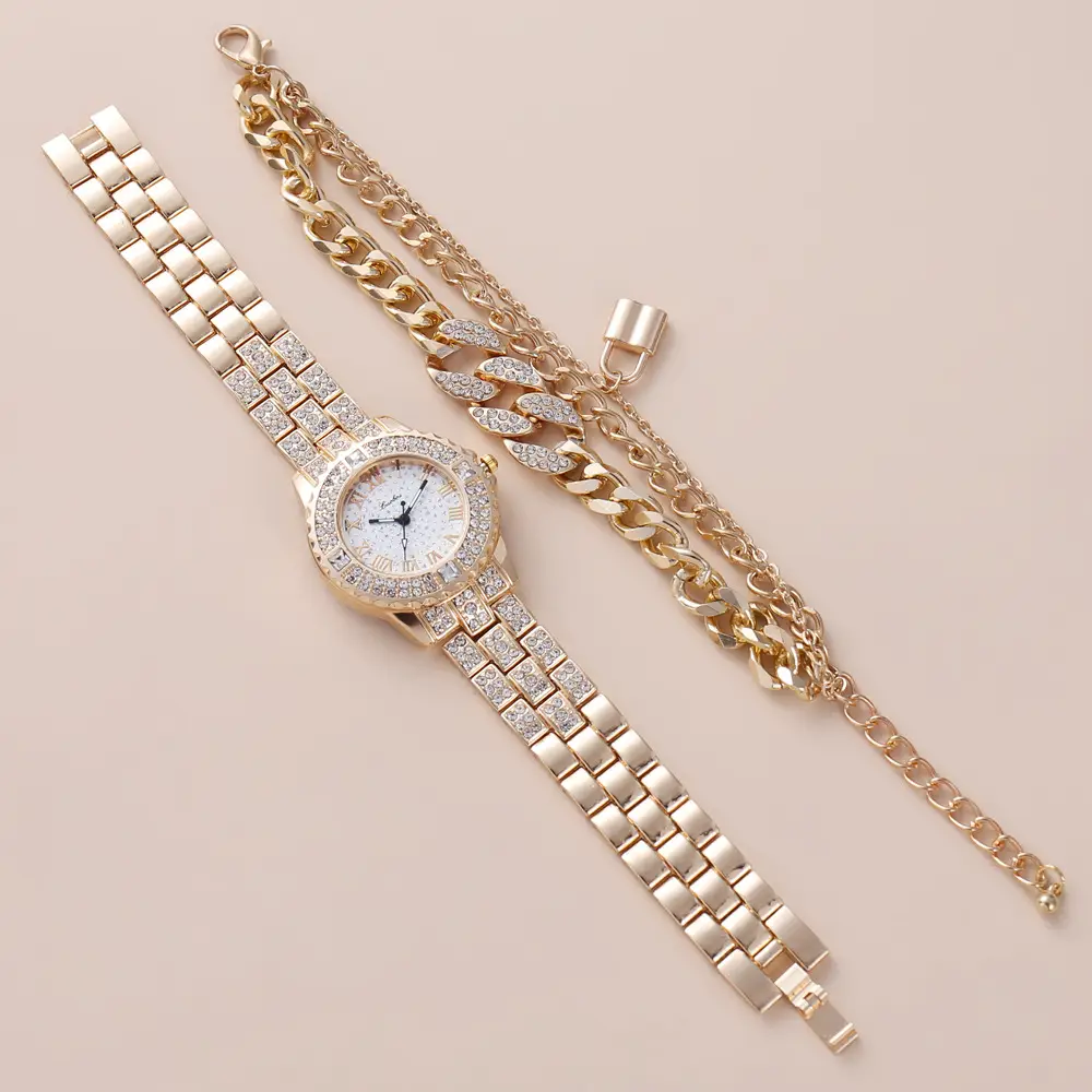 Gold Full Diamond Women's Quartz Watch & Bracelet Set — feature 10