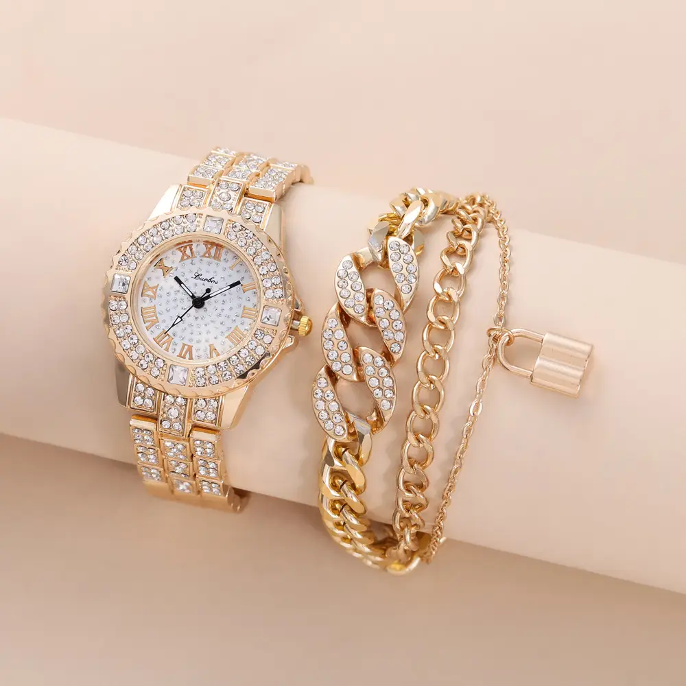 Gold Full Diamond Women's Quartz Watch & Bracelet Set — feature 12