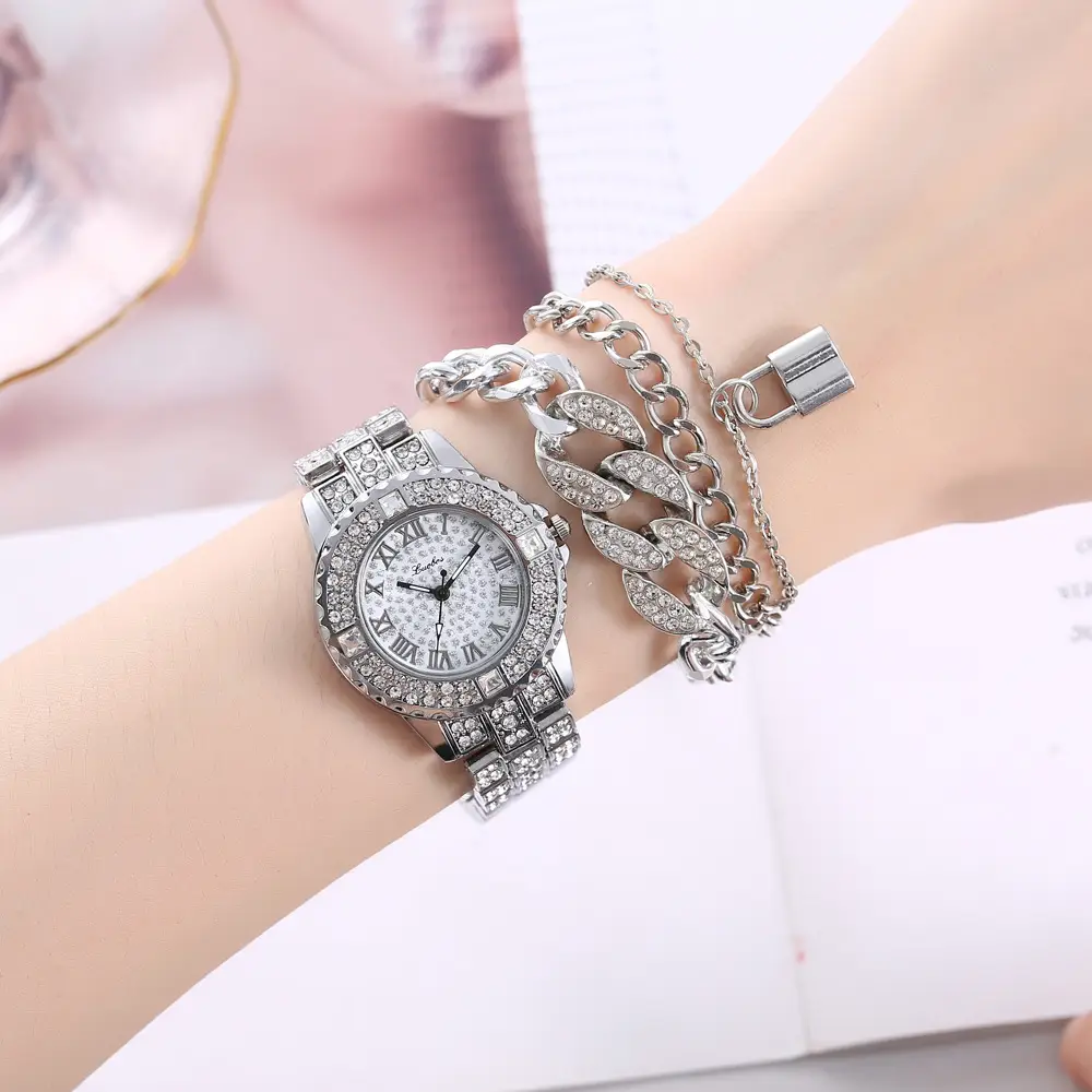 Gold Full Diamond Women's Quartz Watch & Bracelet Set — feature 13