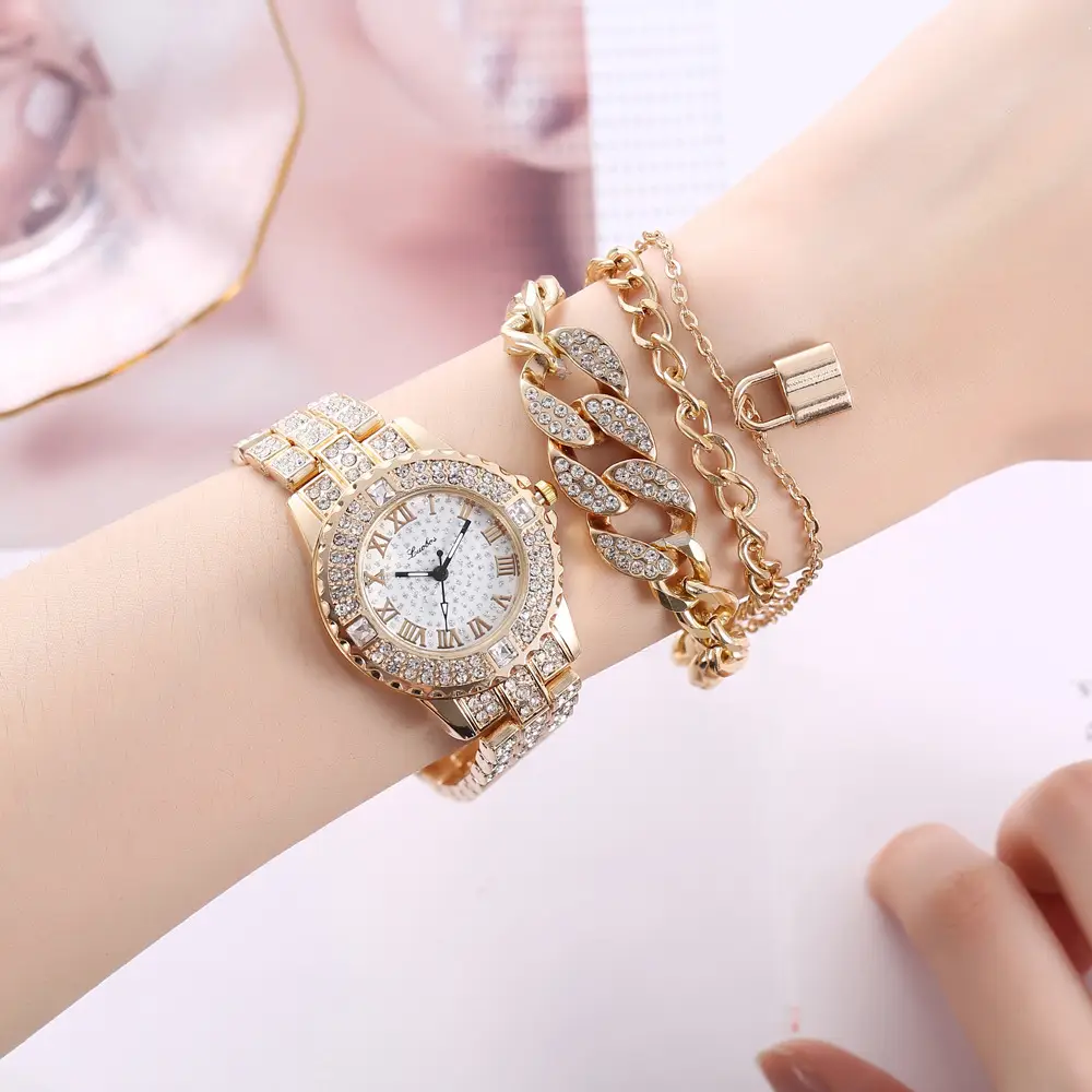 Gold Full Diamond Women's Quartz Watch & Bracelet Set — feature 14