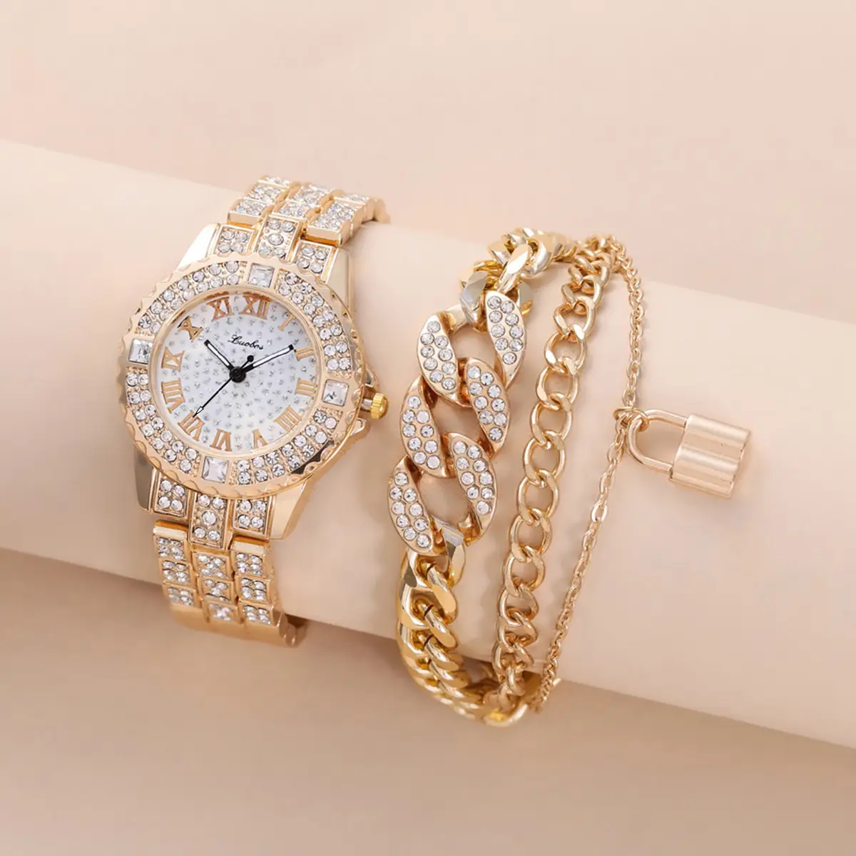 Gold Full Diamond Women's Quartz Watch & Bracelet Set — feature 2