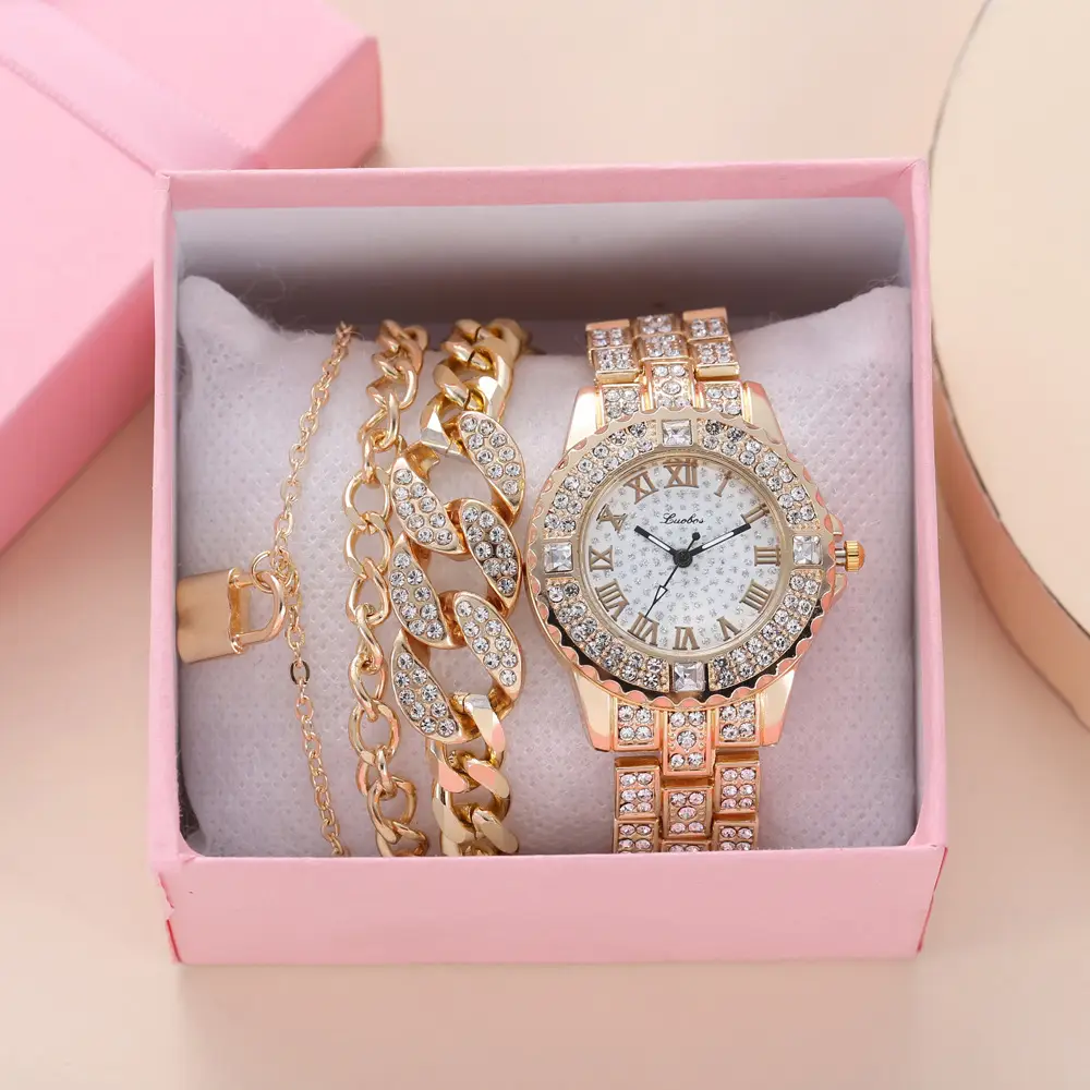 Gold Full Diamond Women's Quartz Watch & Bracelet Set — feature 8