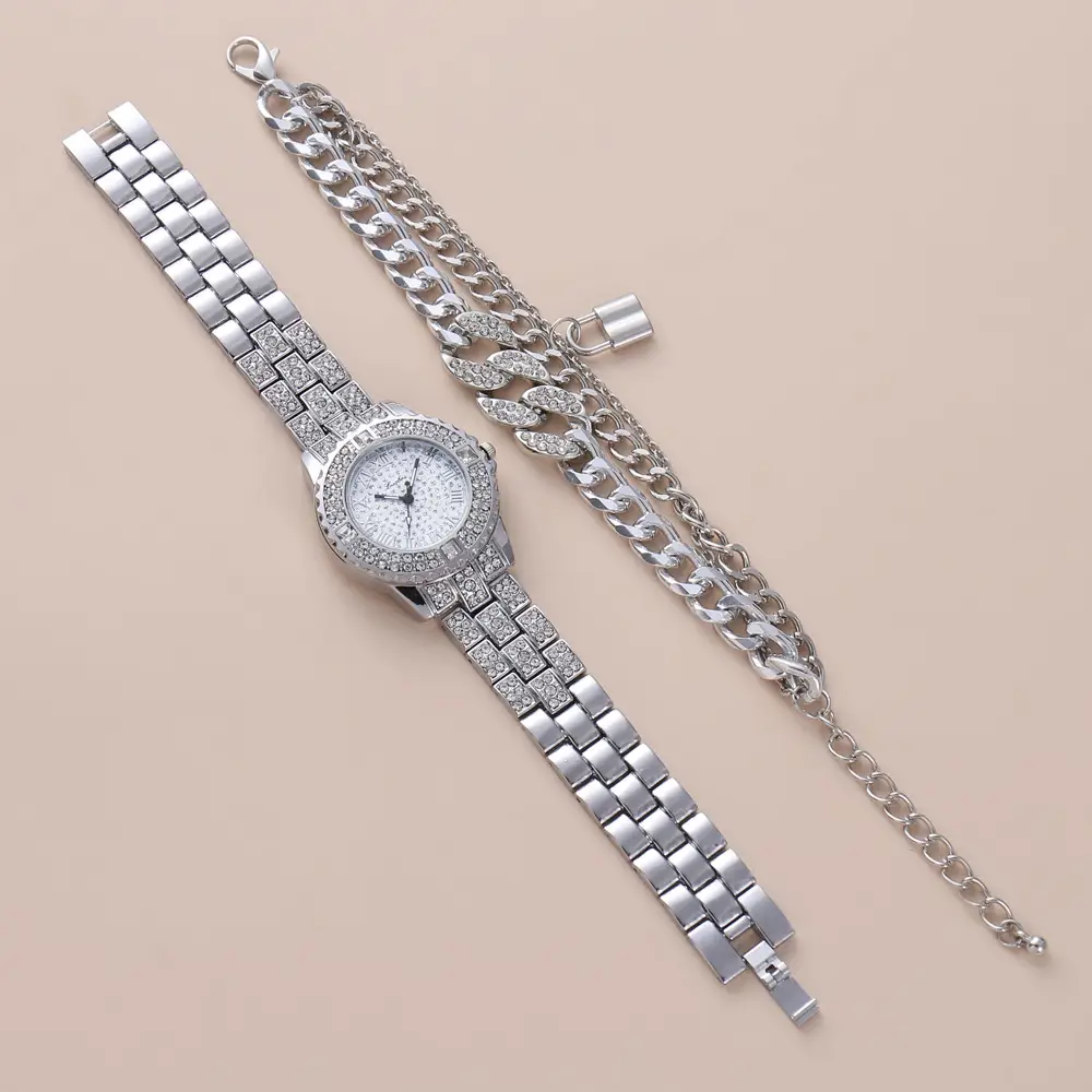 Gold Full Diamond Women's Quartz Watch & Bracelet Set — feature 9