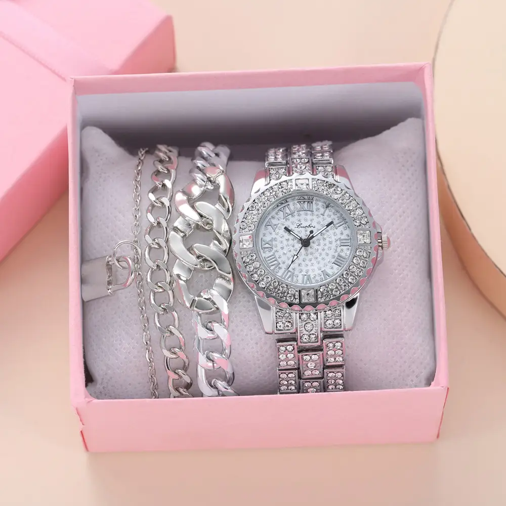 Gold Full Diamond Women's Quartz Watch & Bracelet Set - Image 2
