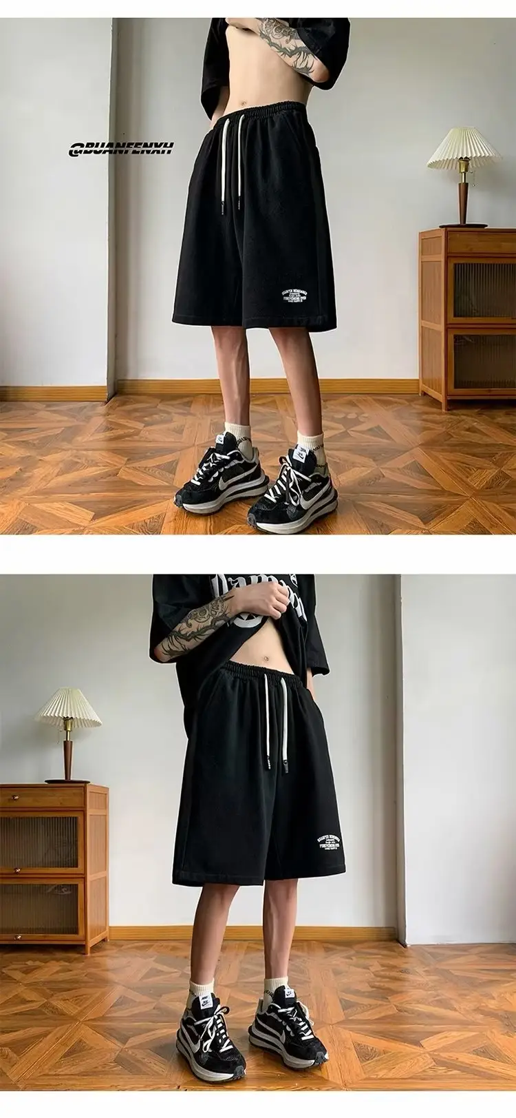 Japanese Style Five Point Shorts for Men Solid Color Loose Fit — feature 6