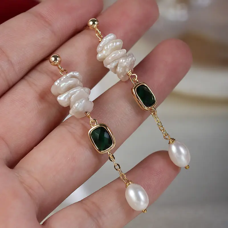 Vintage Baroque Pearl Emerald Drop Earrings Gold Plated - Image 6