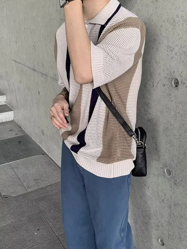 Breathable Knitted Polo Shirt with Color-block Stripe Design - Image 4