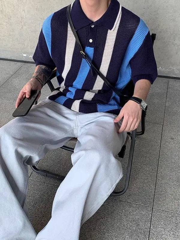 Breathable Knitted Polo Shirt with Color-block Stripe Design - Image 5