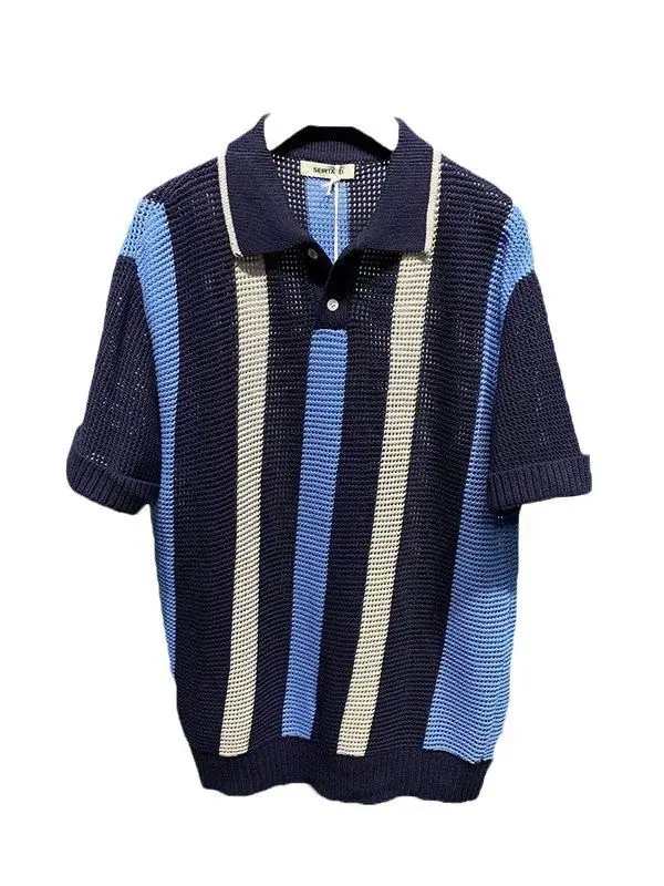 Breathable Knitted Polo Shirt with Color-block Stripe Design - Image 7