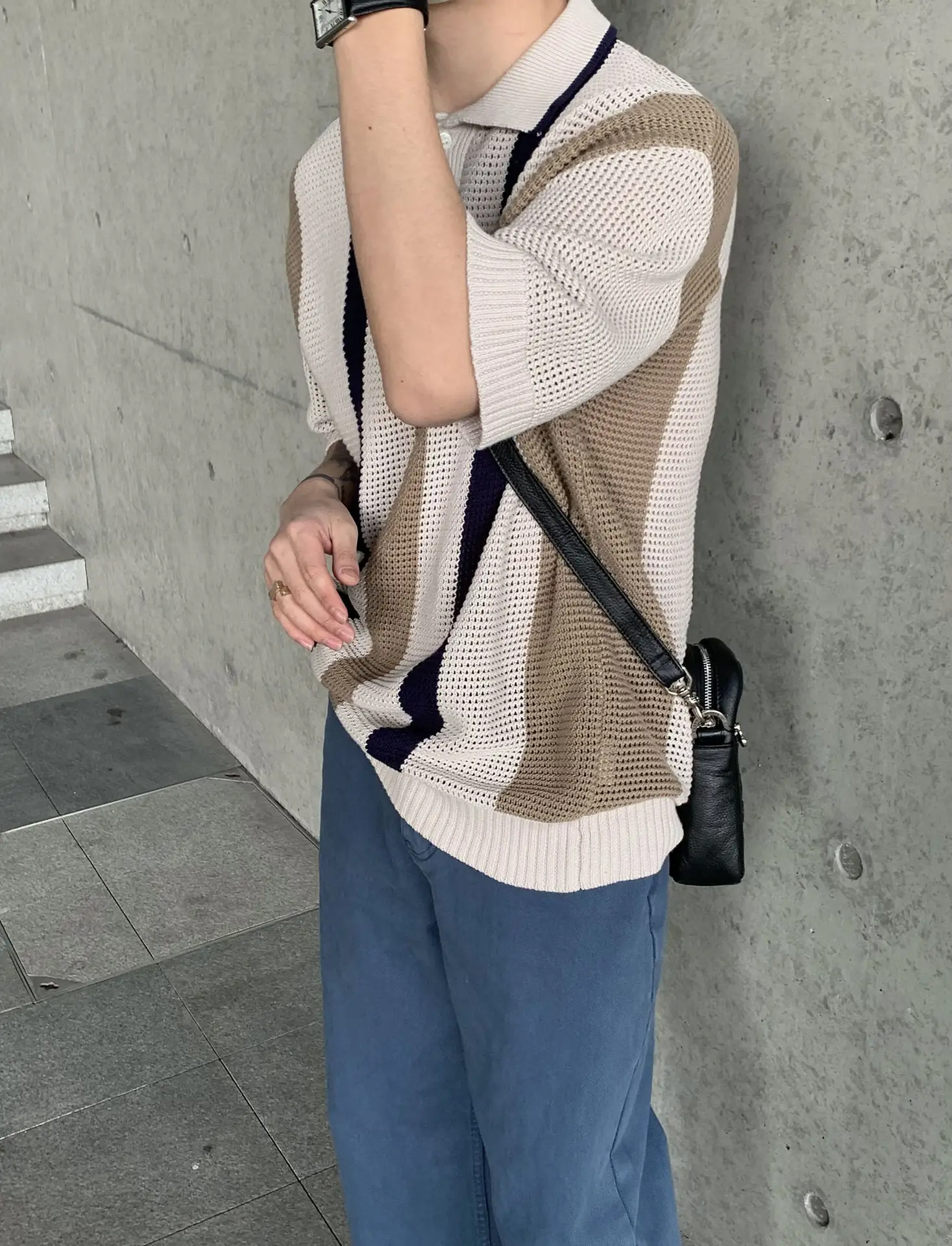 Breathable Knitted Polo Shirt with Color-block Stripe Design — feature 2