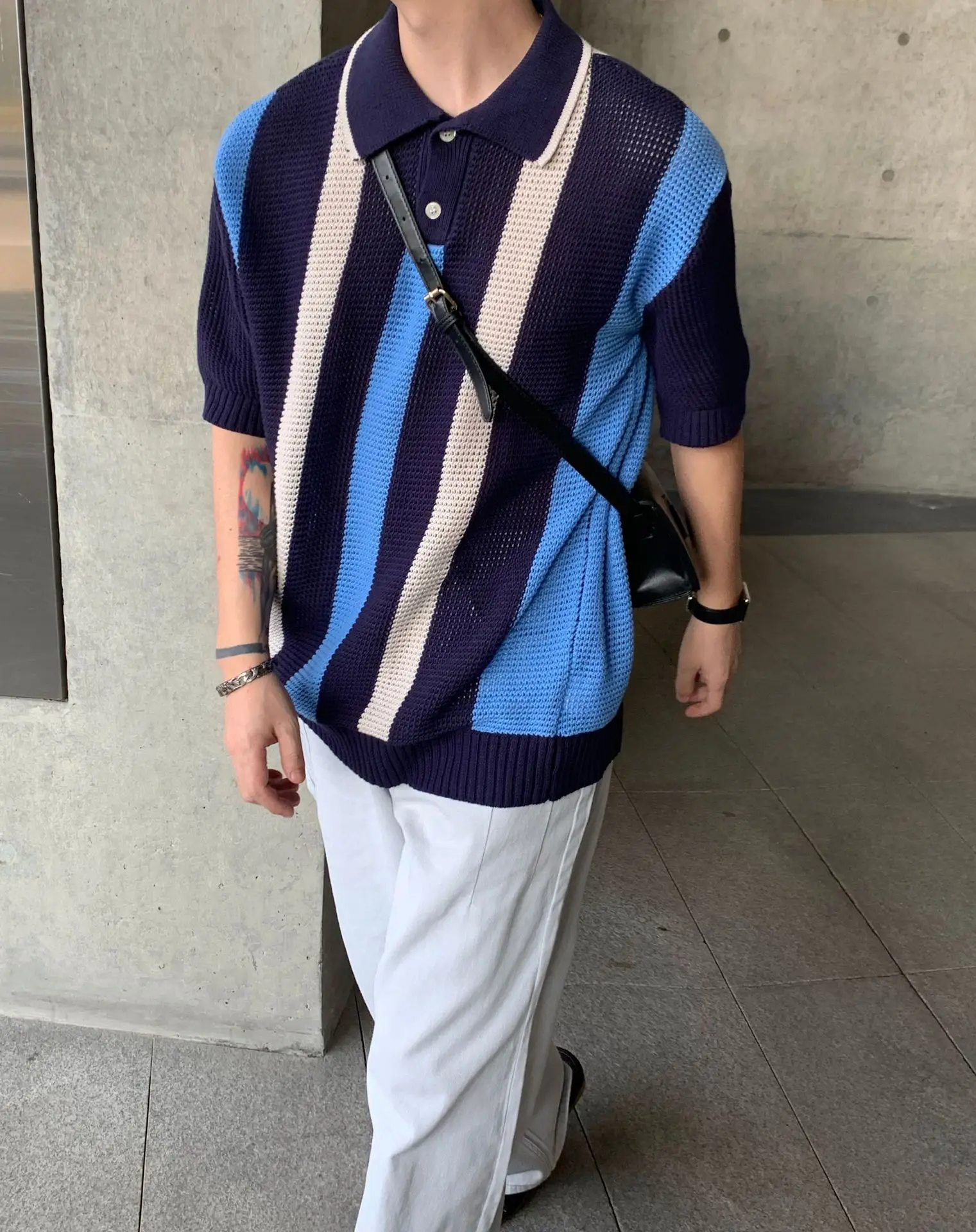 Breathable Knitted Polo Shirt with Color-block Stripe Design — feature 8