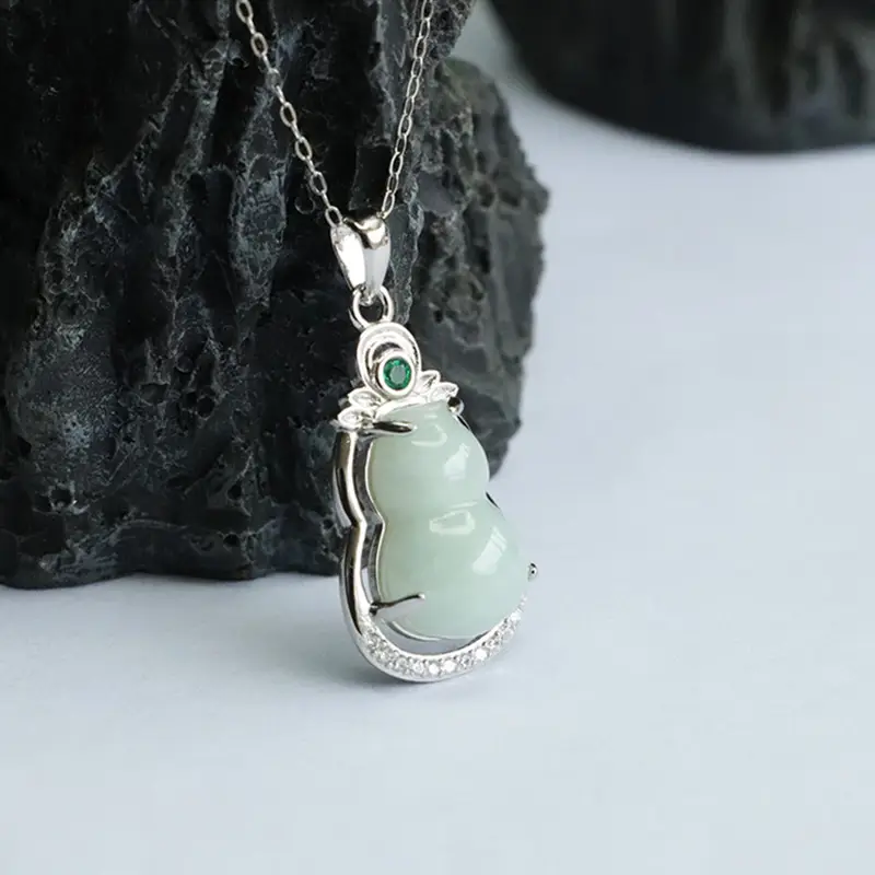 Guan Yu Pendant S925 Silver Natural Jade Gourd Necklace - Image 4