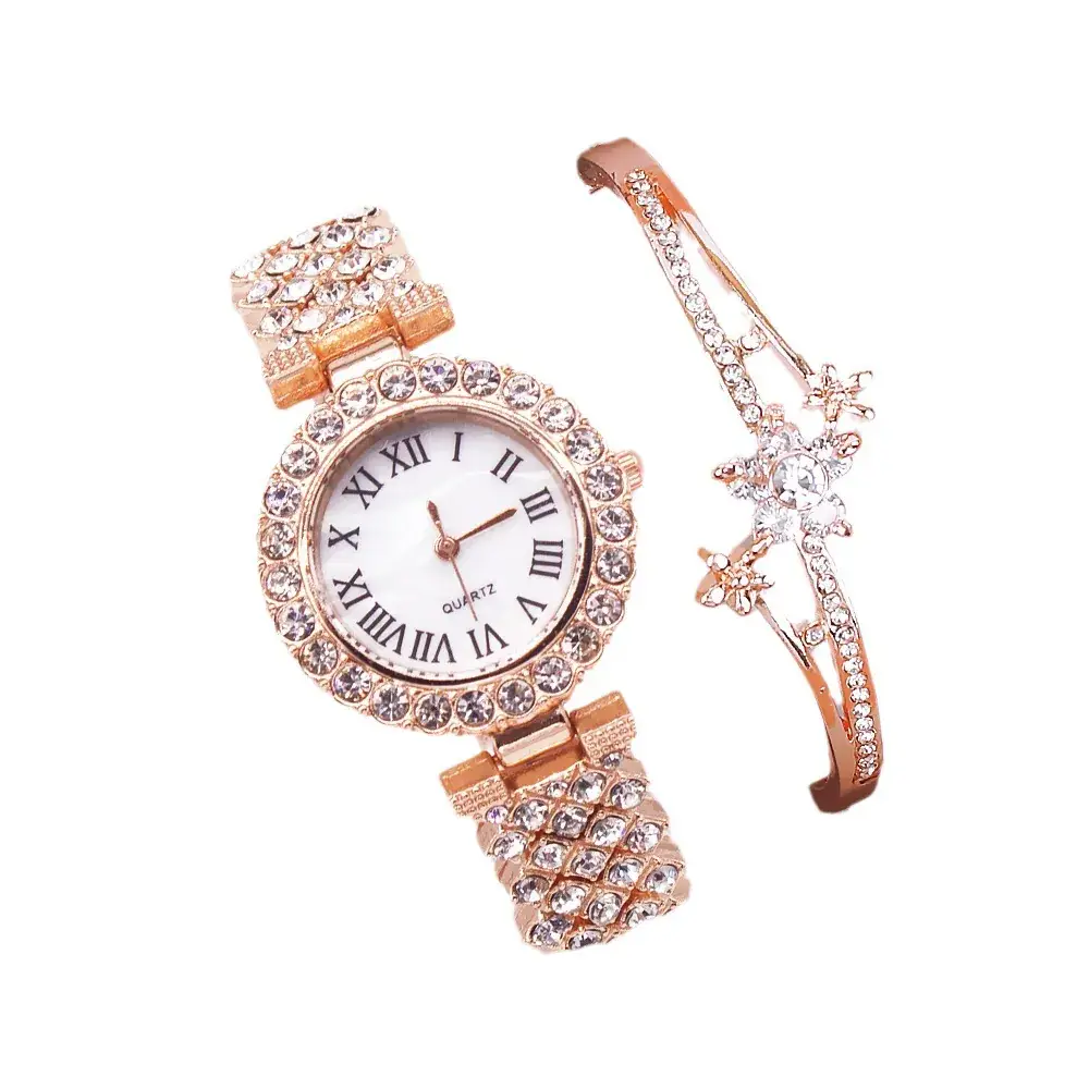Women's Rose Gold Diamond Watch Set with Bracelet