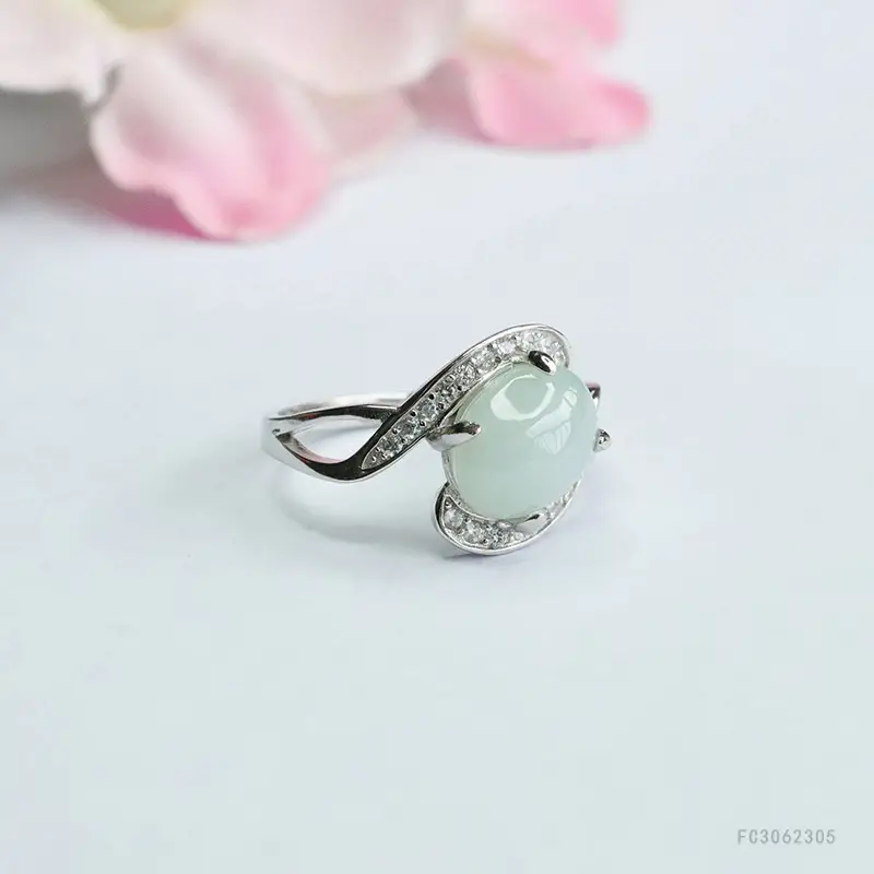 Guan Yu S925 Silver Inlaid Natural Jade Ring