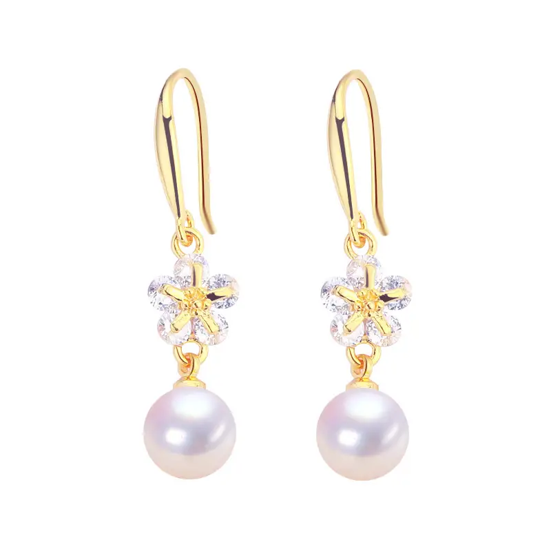 Zhuji Pearl Earrings 18K Gold Zircon Hook